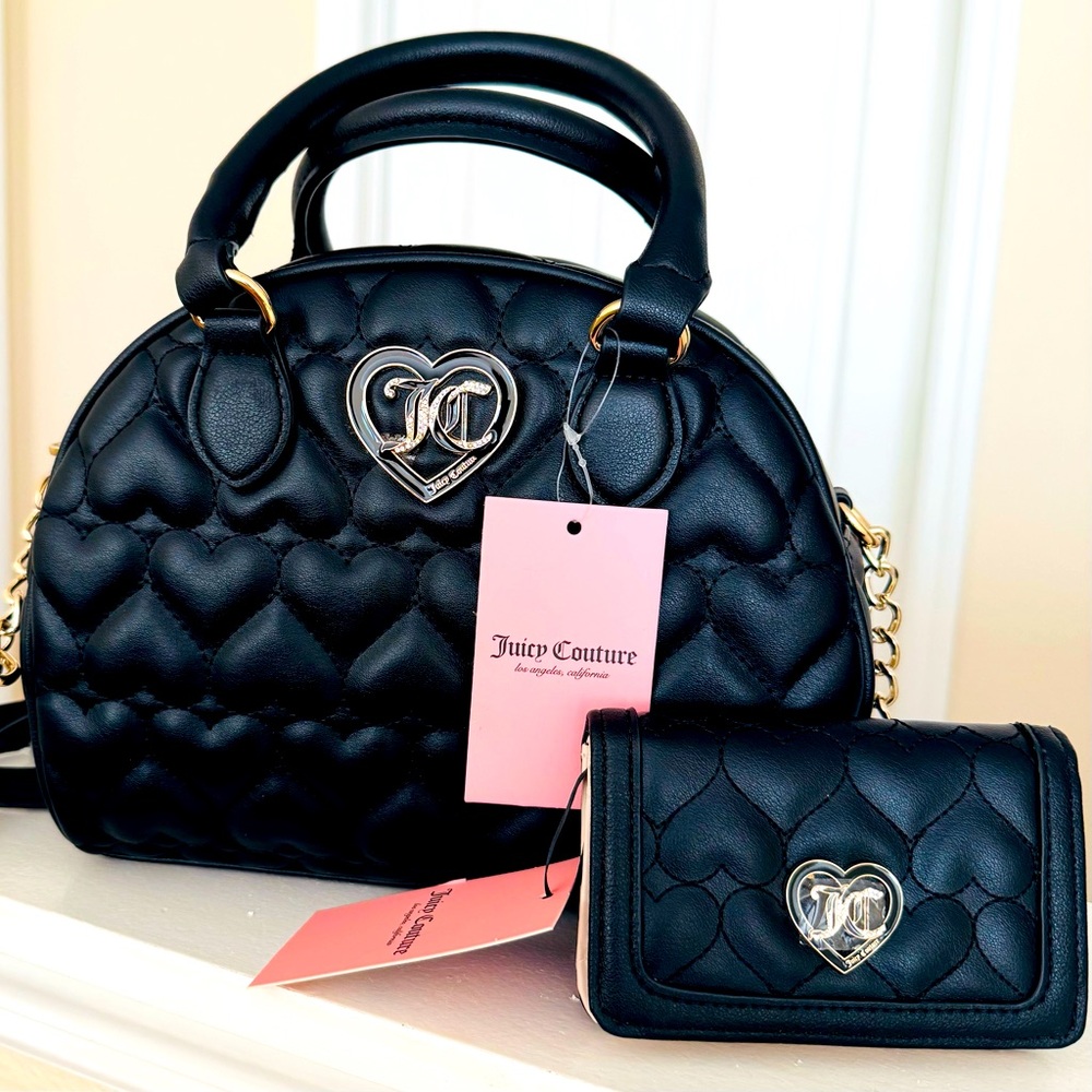 Juicy Couture Flawless Dome Satchel and Wallet In Heart Quilted Liquorice Black